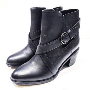 Clarks Scene Strap Black Leather Ankle Boots Women's US 10 M Block Heel Chelsea